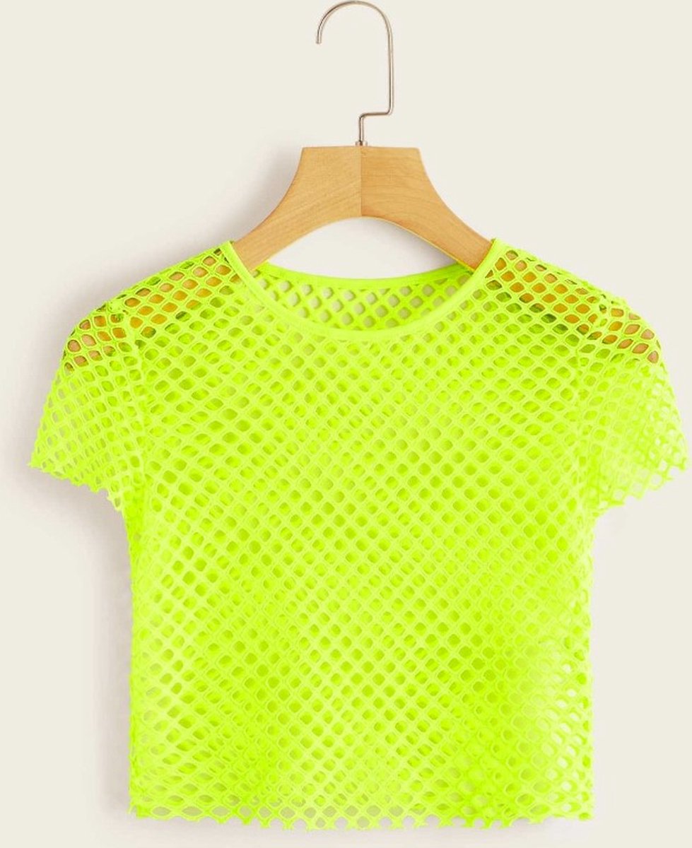 Croptop Fluo Neon Visnet Limoen Groen Fishnet Topje | Foute Party | Kamping Kitch | Foute Party | Verkleedkleren